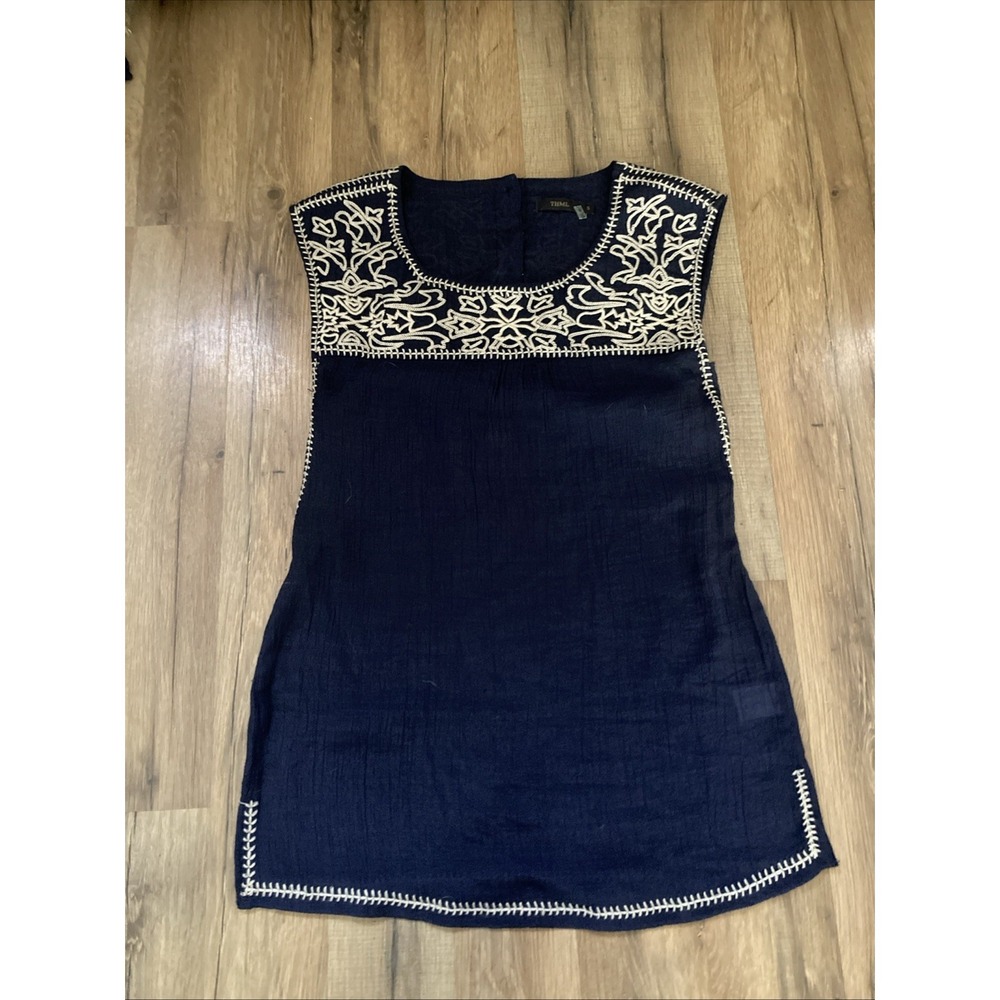THML Anthropologie Christy Top Womens S Navy Semi-Sheer Embroidered Tunic